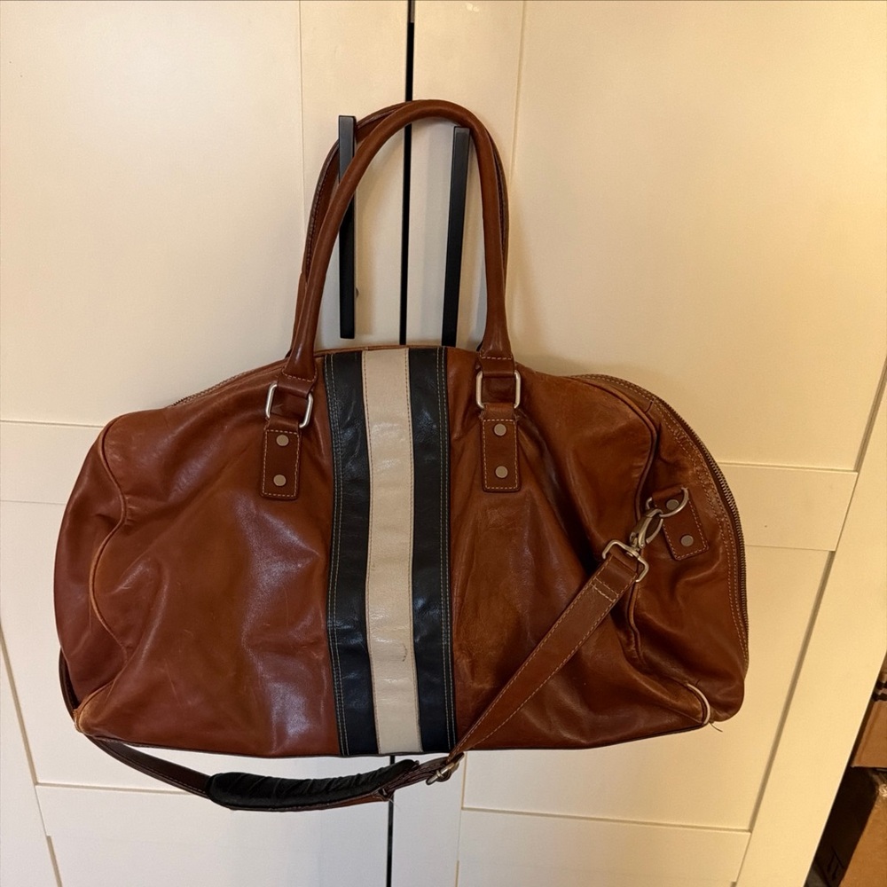 Red envelope striped leather duffel duffle bag weekender brown with strap
